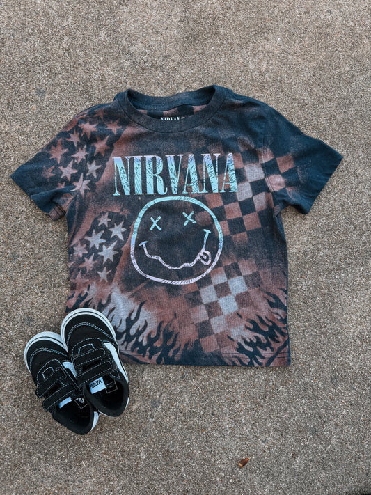 Upcycled by Katie: Nirvana Smiley Face Tee – Hand-Bleached One-of-a-Kind (5T) Shirt – Graphic Tee