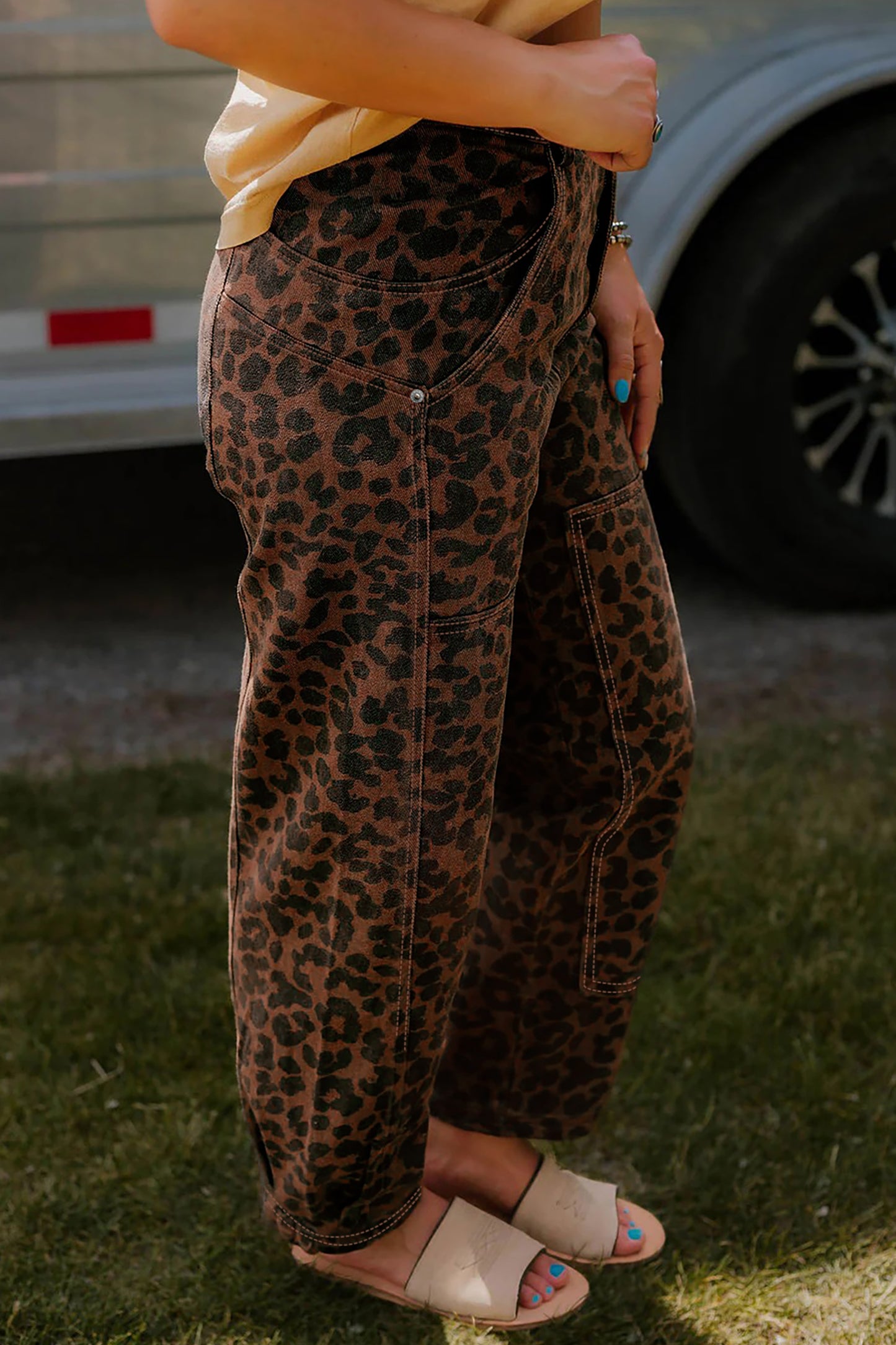 Brown Clear Seam Detail Patchwork Leopard Print Barrel Jeans