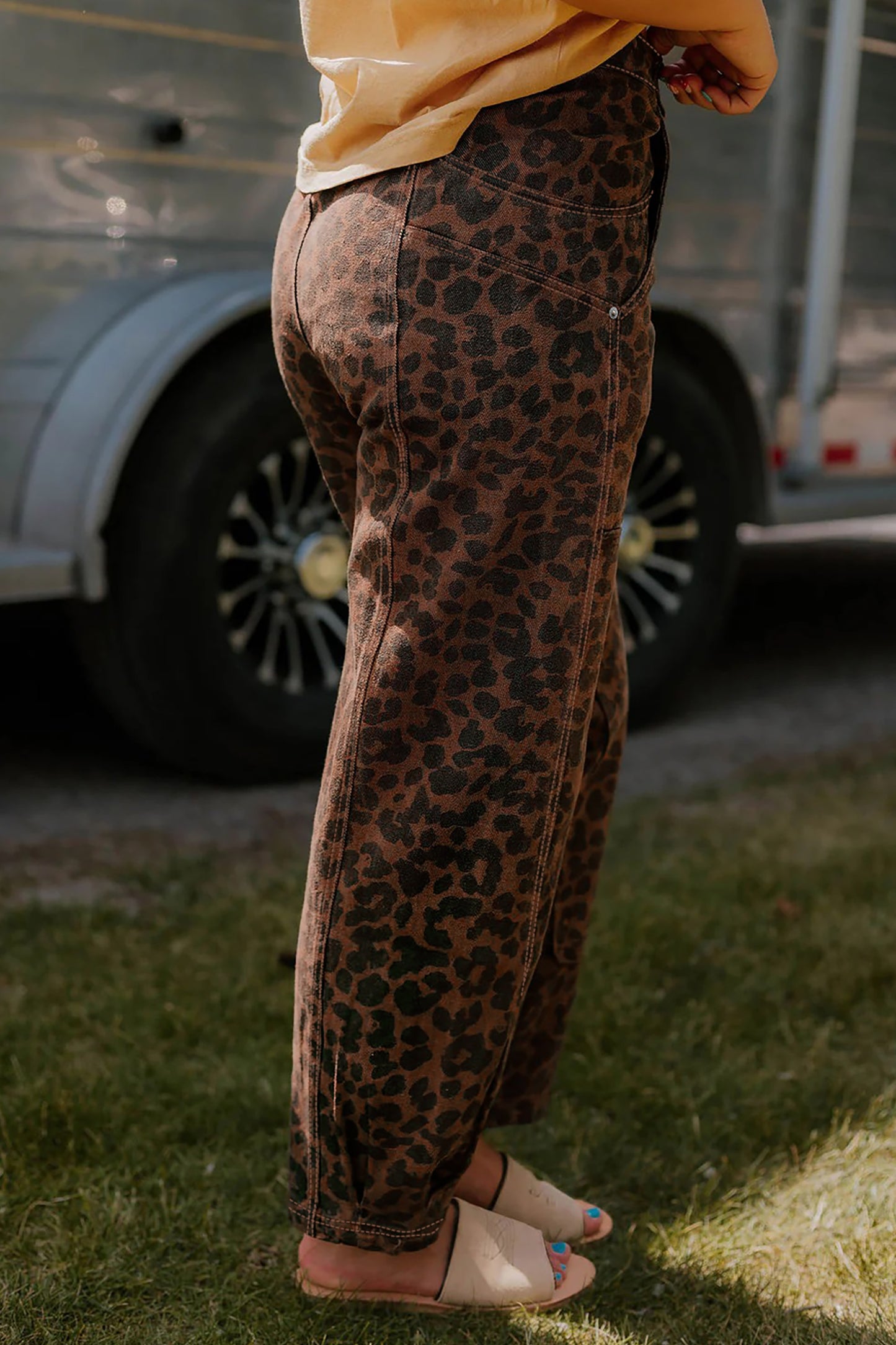 Brown Clear Seam Detail Patchwork Leopard Print Barrel Jeans