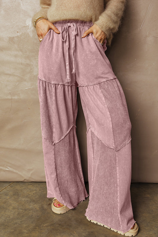 Careys Mineral Wash Tiered Wide Leg Patchwork Drawstring Pants