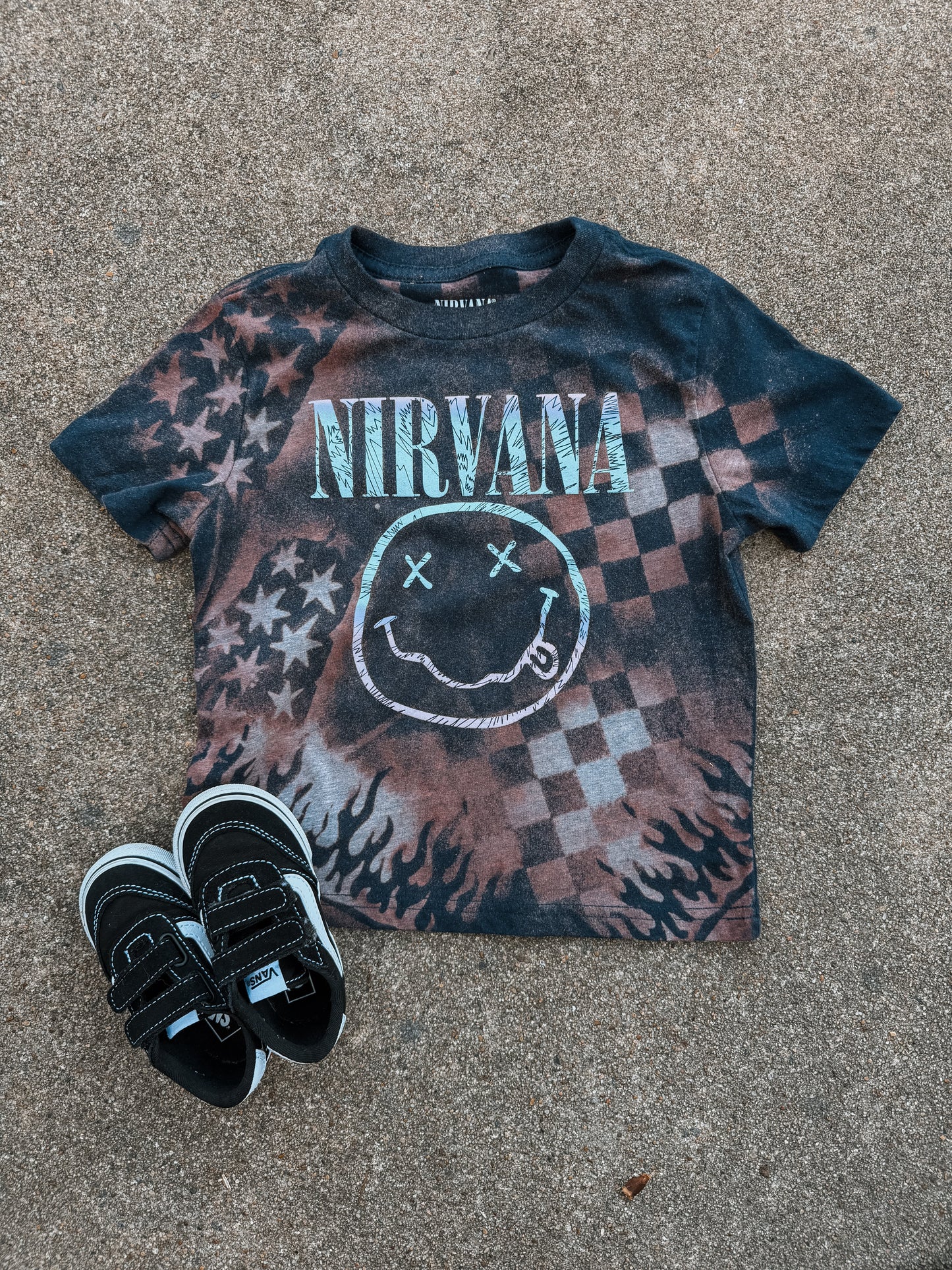 Upcycled by Katie: Nirvana Smiley Face Tee – Hand-Bleached One-of-a-Kind (5T) Shirt – Graphic Tee